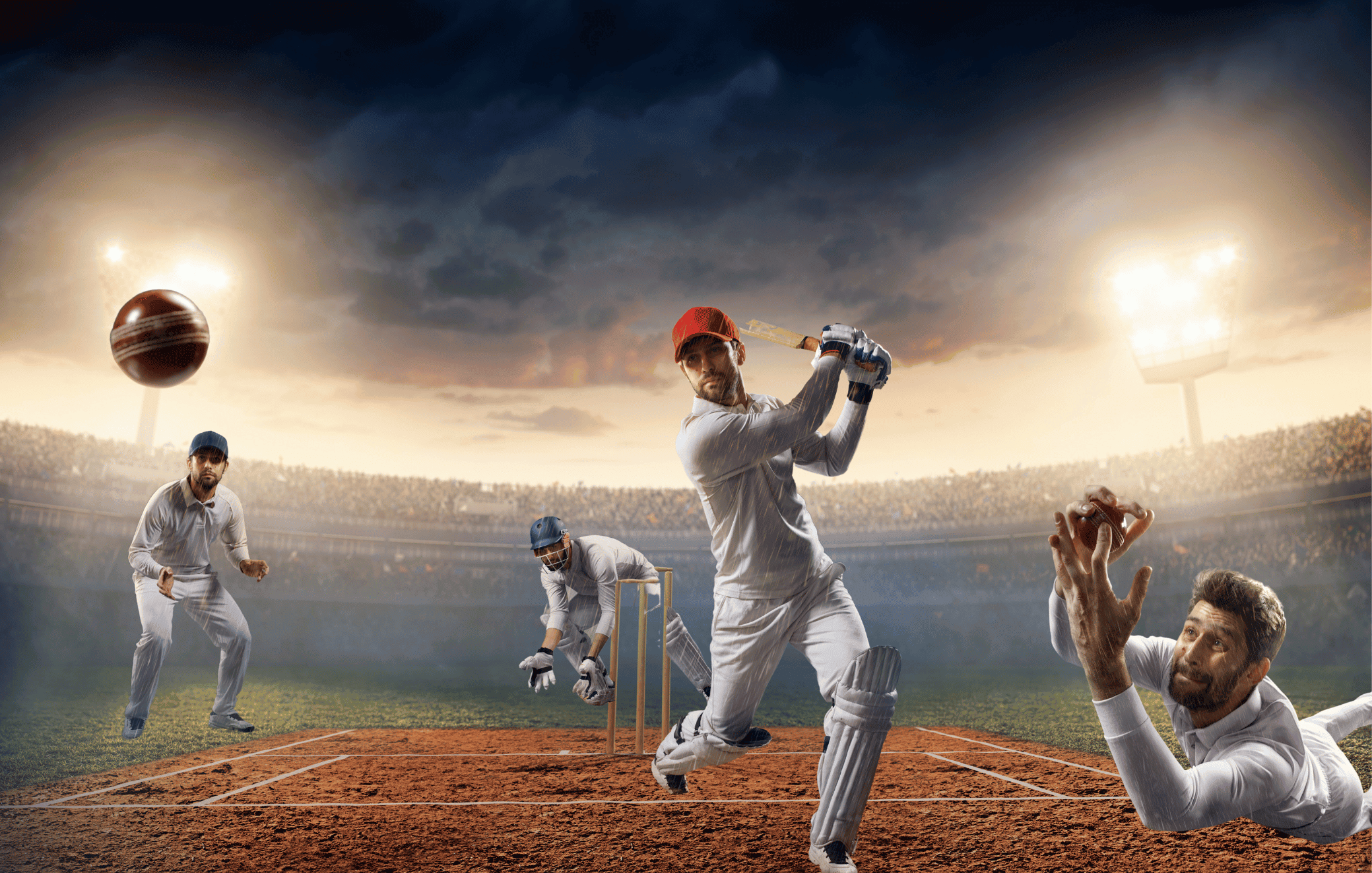 Cricket players in action during a match with stadium lights and dramatic sky background.