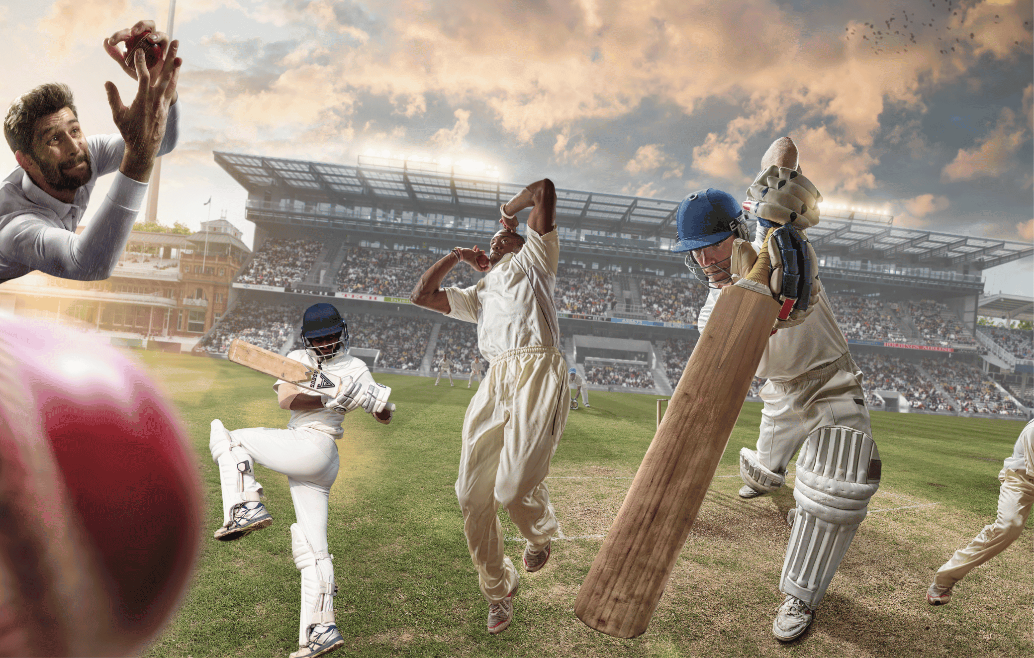 Exciting cricket match with players celebrating, batting, and fielding on a vibrant stadium field.