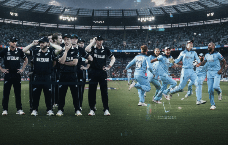 New Zealand cricket team and Indian cricket team celebrating on the field during a match.