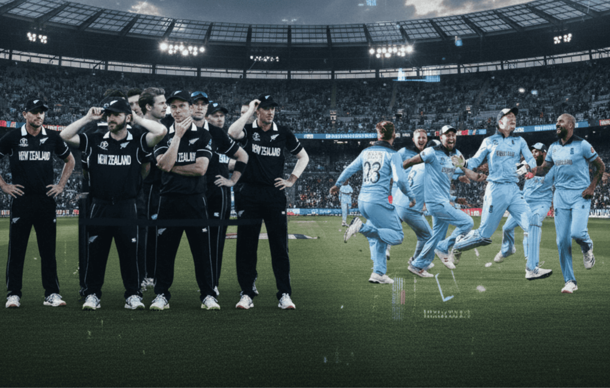 New Zealand cricket team and Indian cricket team celebrating on the field during a match.