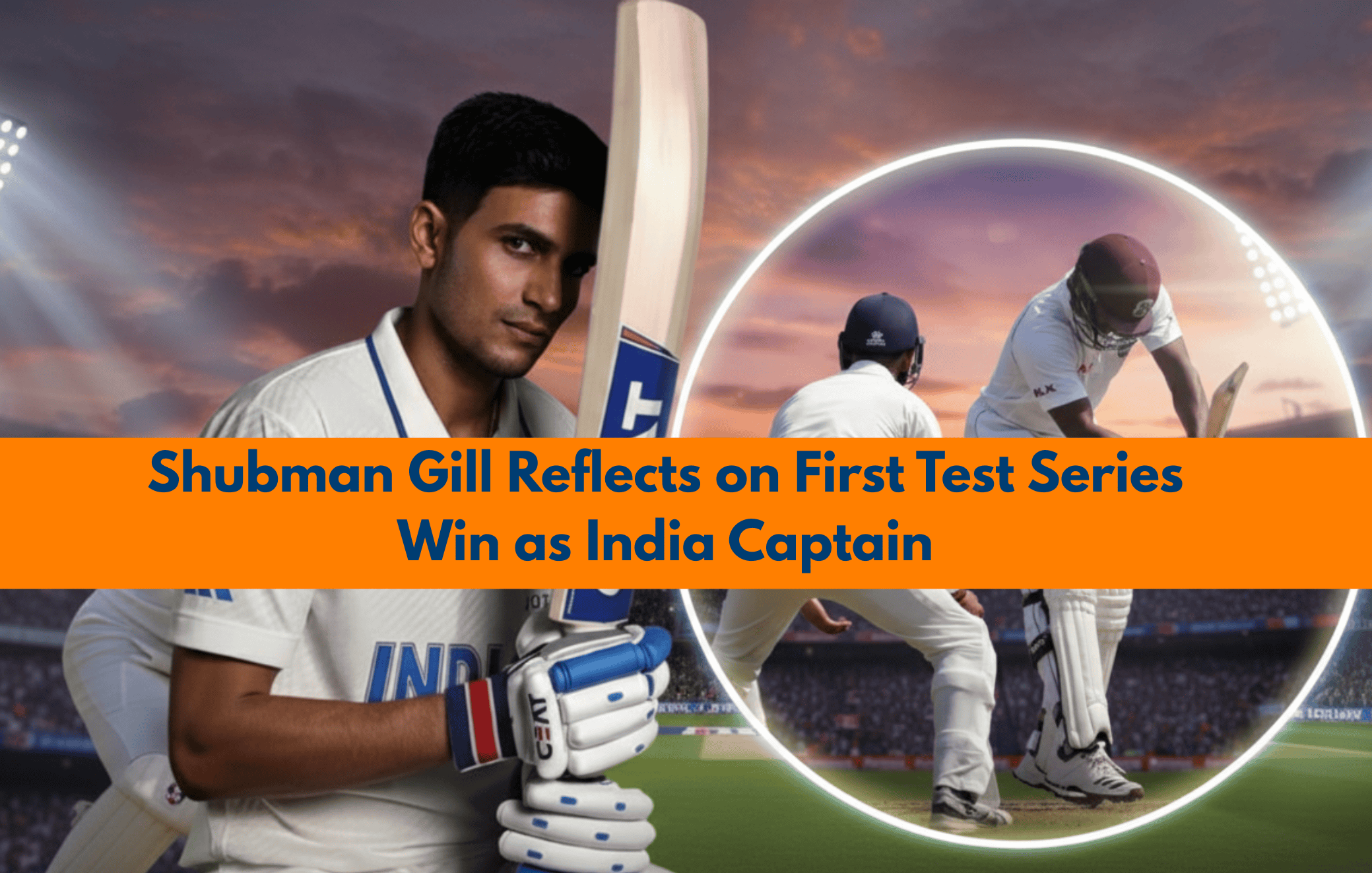 India cricket player holding bat at sunset, with a cricket field background and match in progress.