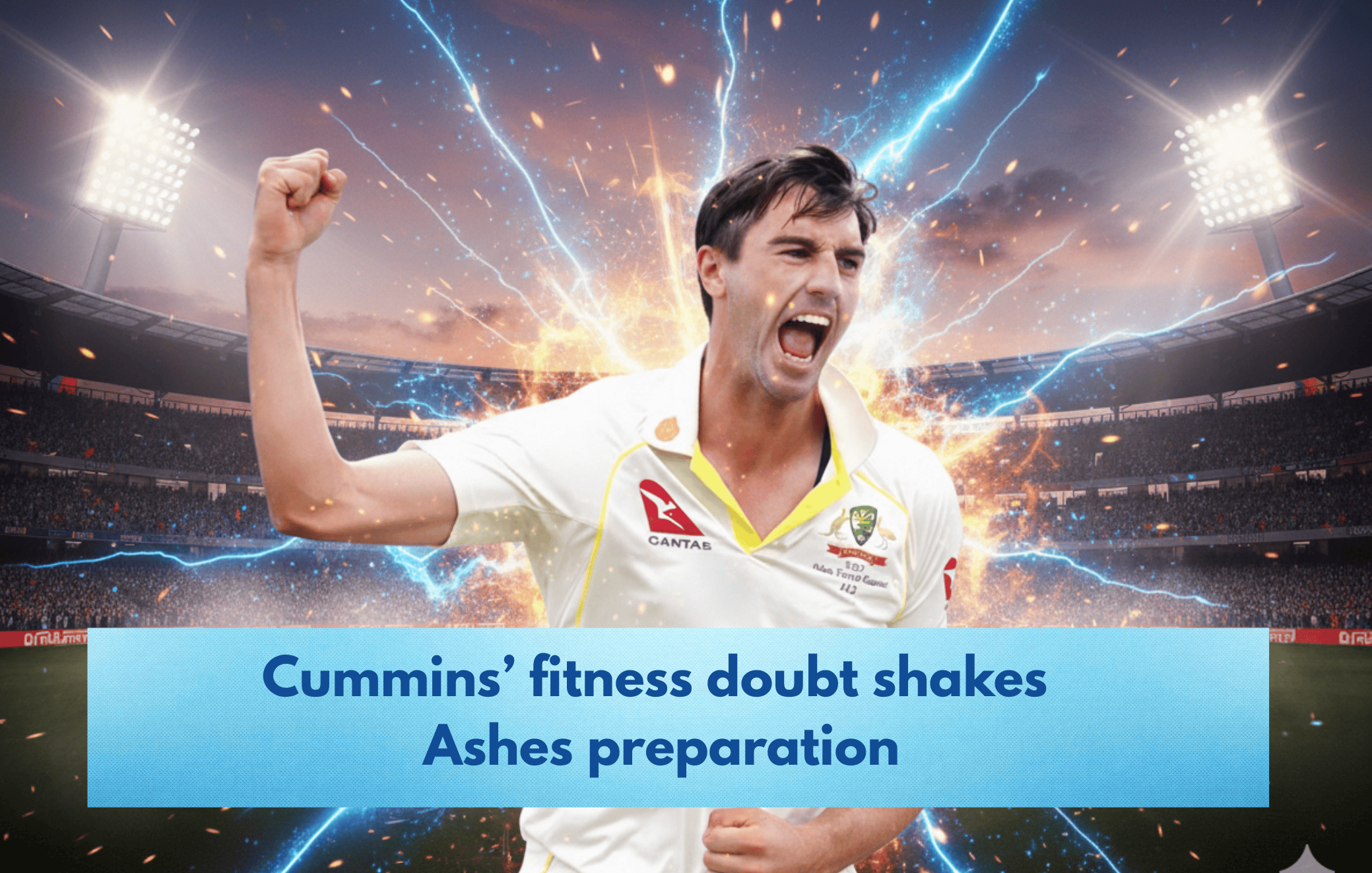 A passionate cricket player celebrating victory with electrifying stadium background and dynamic lightning effects.