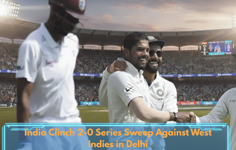 India cricket team celebrating after winning match against West Indies at Delhi stadium.