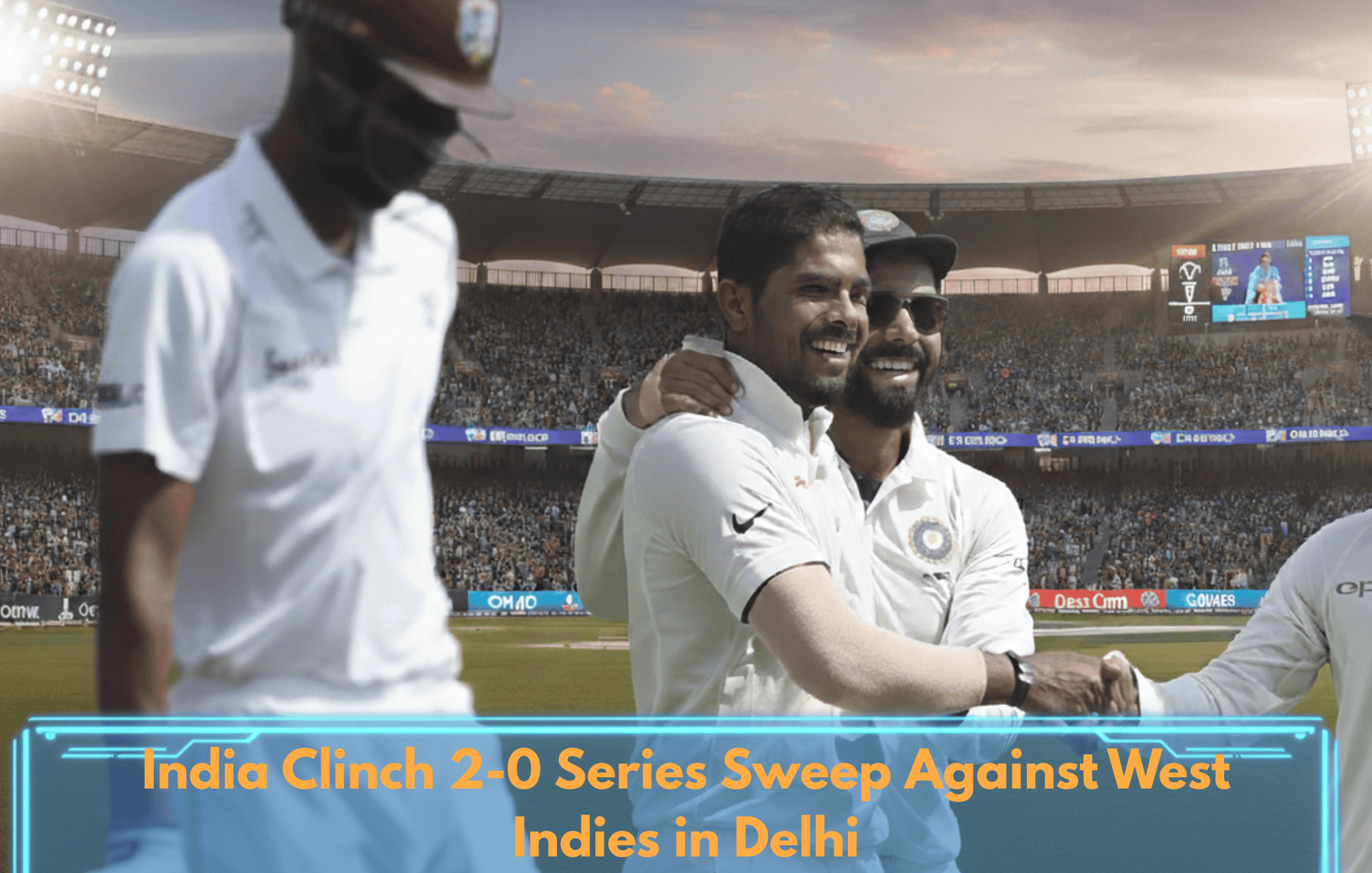 India cricket team celebrating after winning match against West Indies at Delhi stadium.