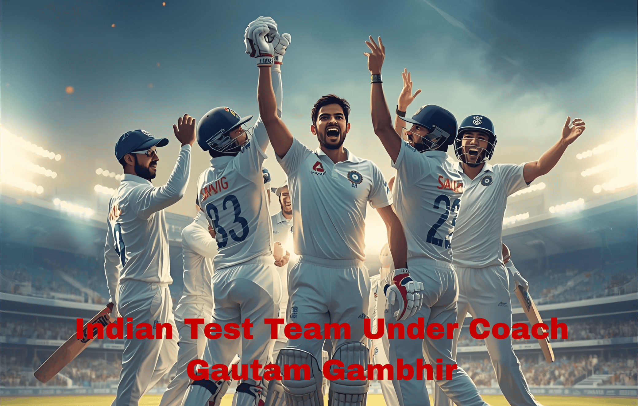 Indian cricket team celebrating victory on the field with team members wearing white uniforms and helmets.