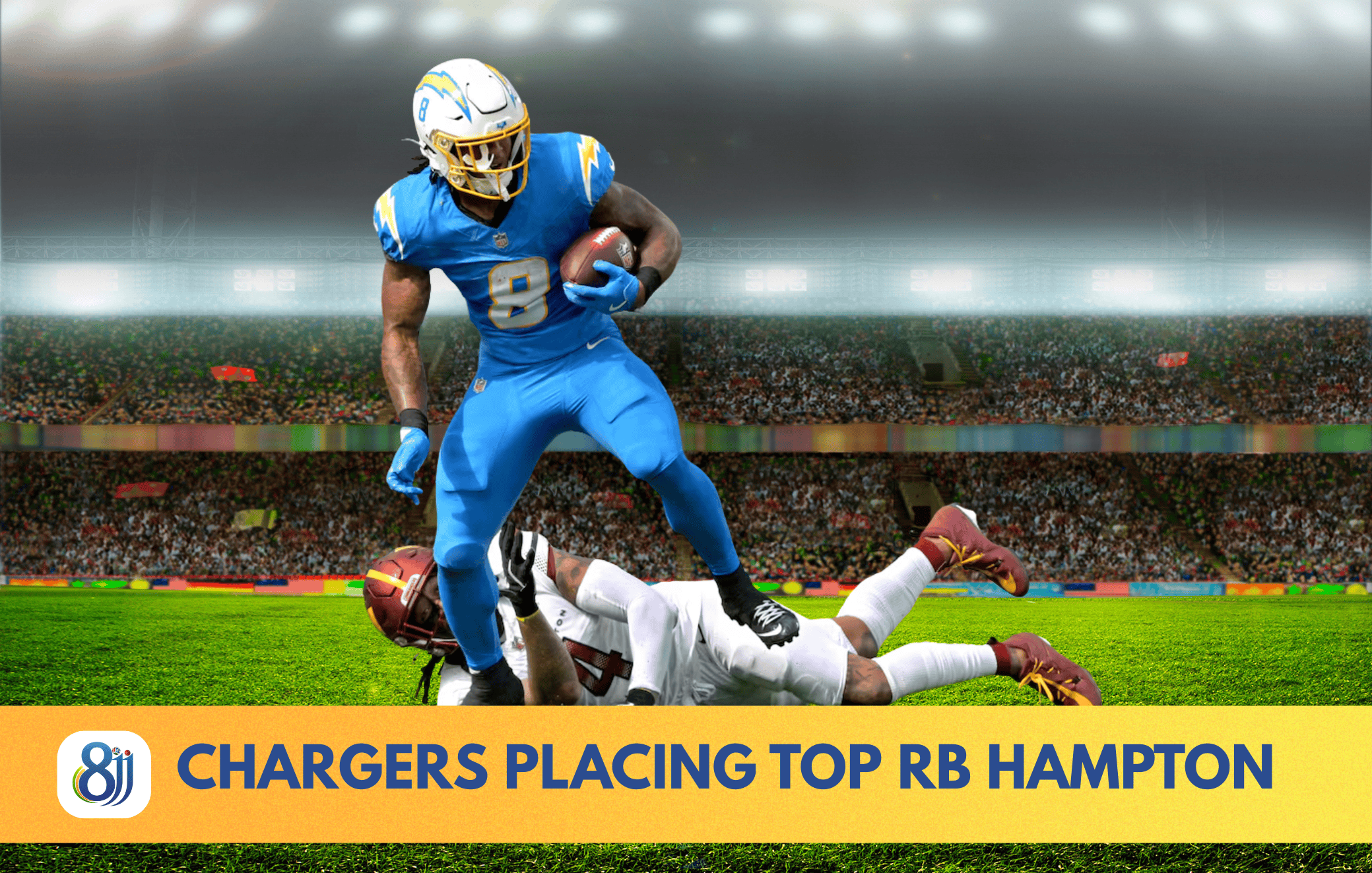 1. NFL player running with football after defeating opponent on field.