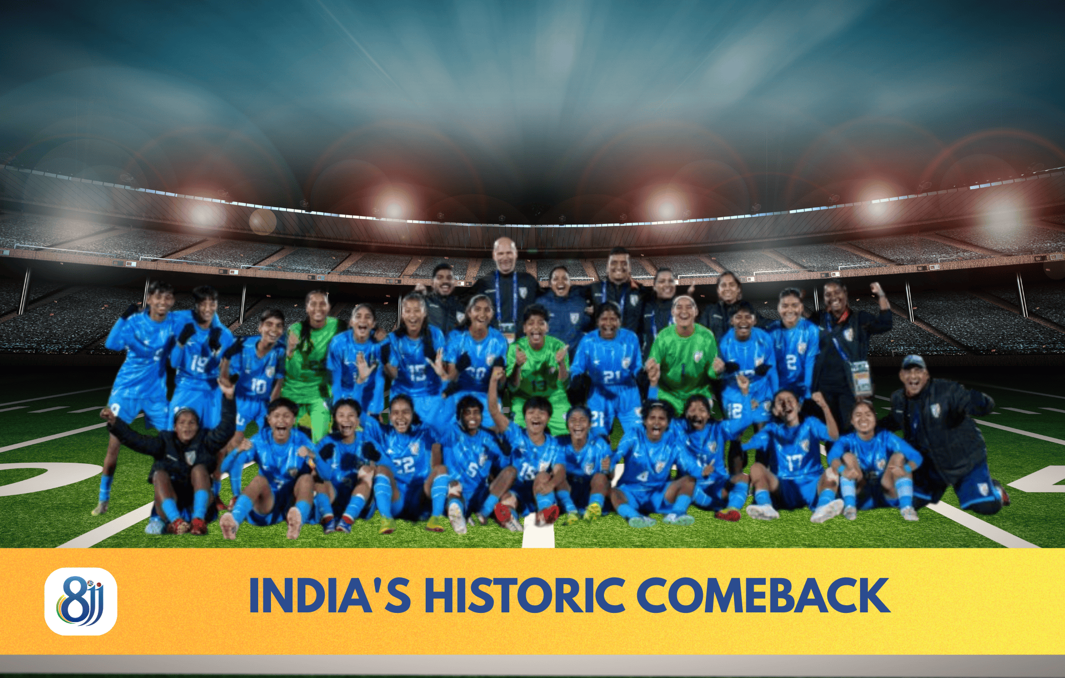 India women's cricket team celebrating on the field after a historic win.