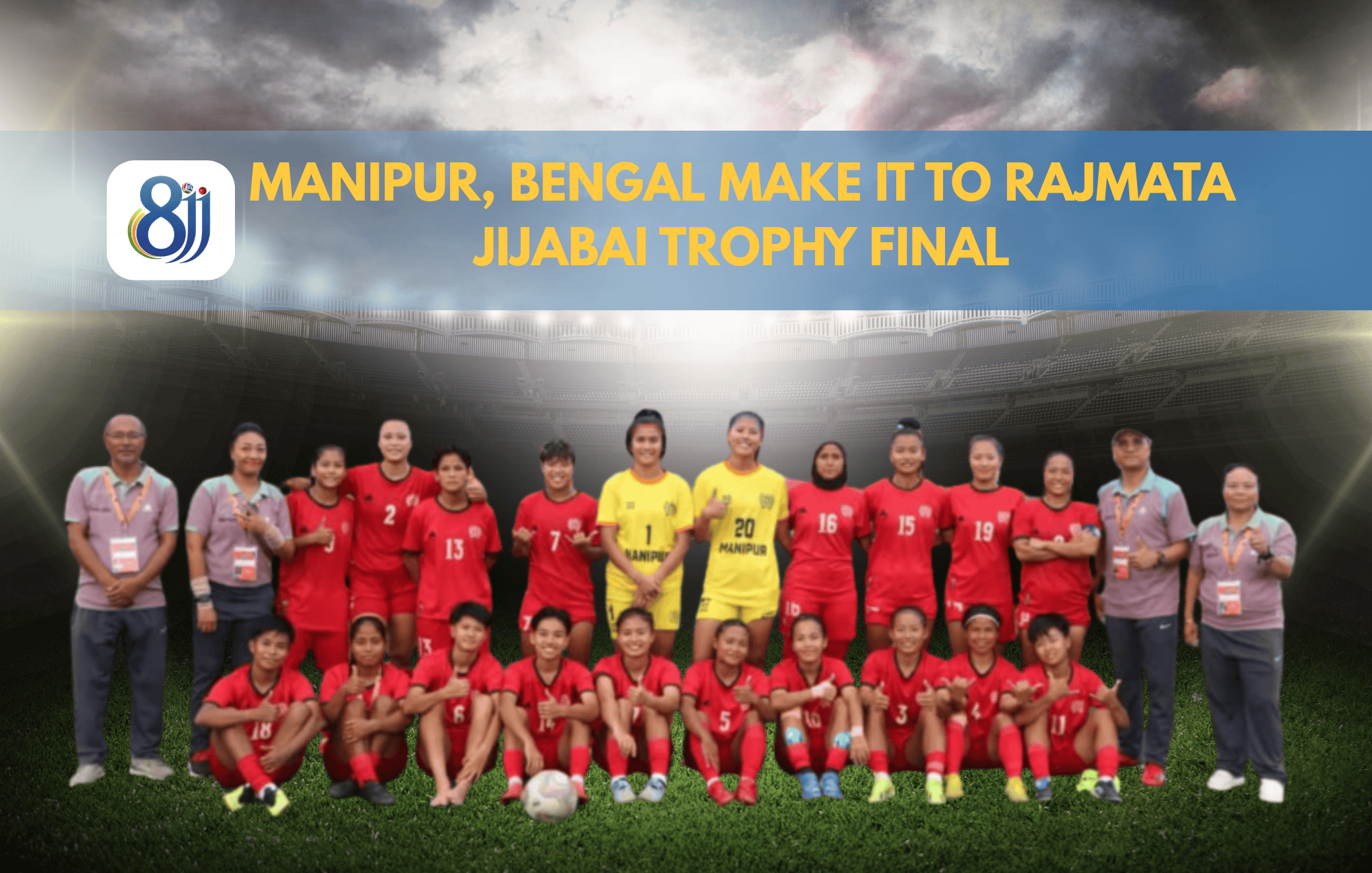 1. Manipur, Bengal women's football team celebrating at stadium awards ceremony.