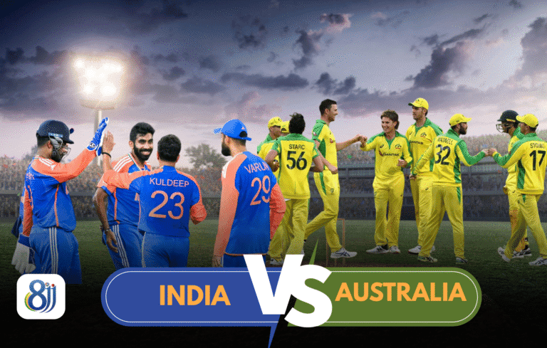 India vs Australia cricket match celebration under stadium lights, two teams greeting after a game.