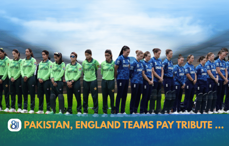 Pakistan and England women's cricket teams stand in tribute before a match under a cloudy sky, showcasing sportsmanship and unity.