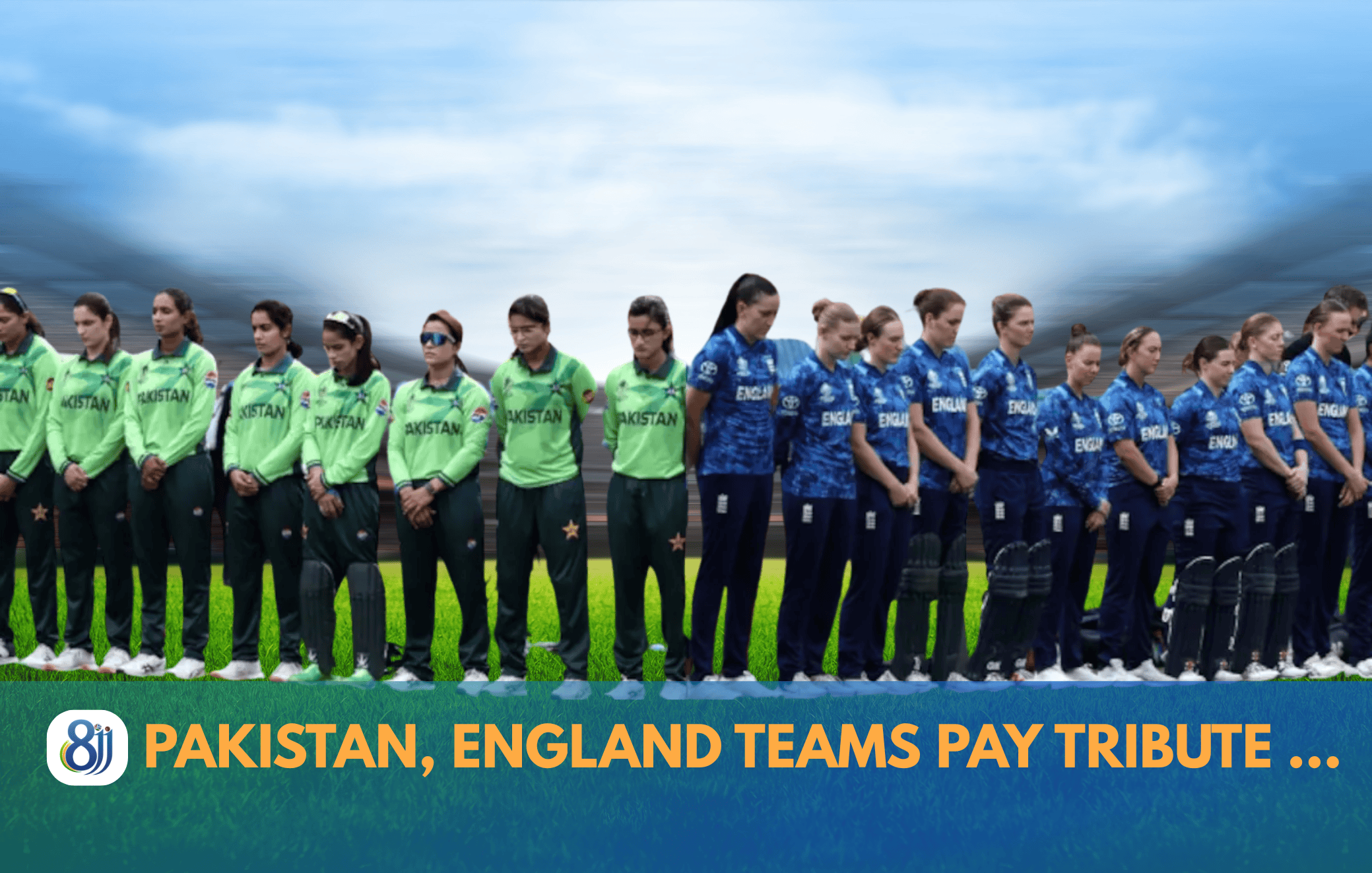 Pakistan and England women's cricket teams stand in tribute before a match under a cloudy sky, showcasing sportsmanship and unity.