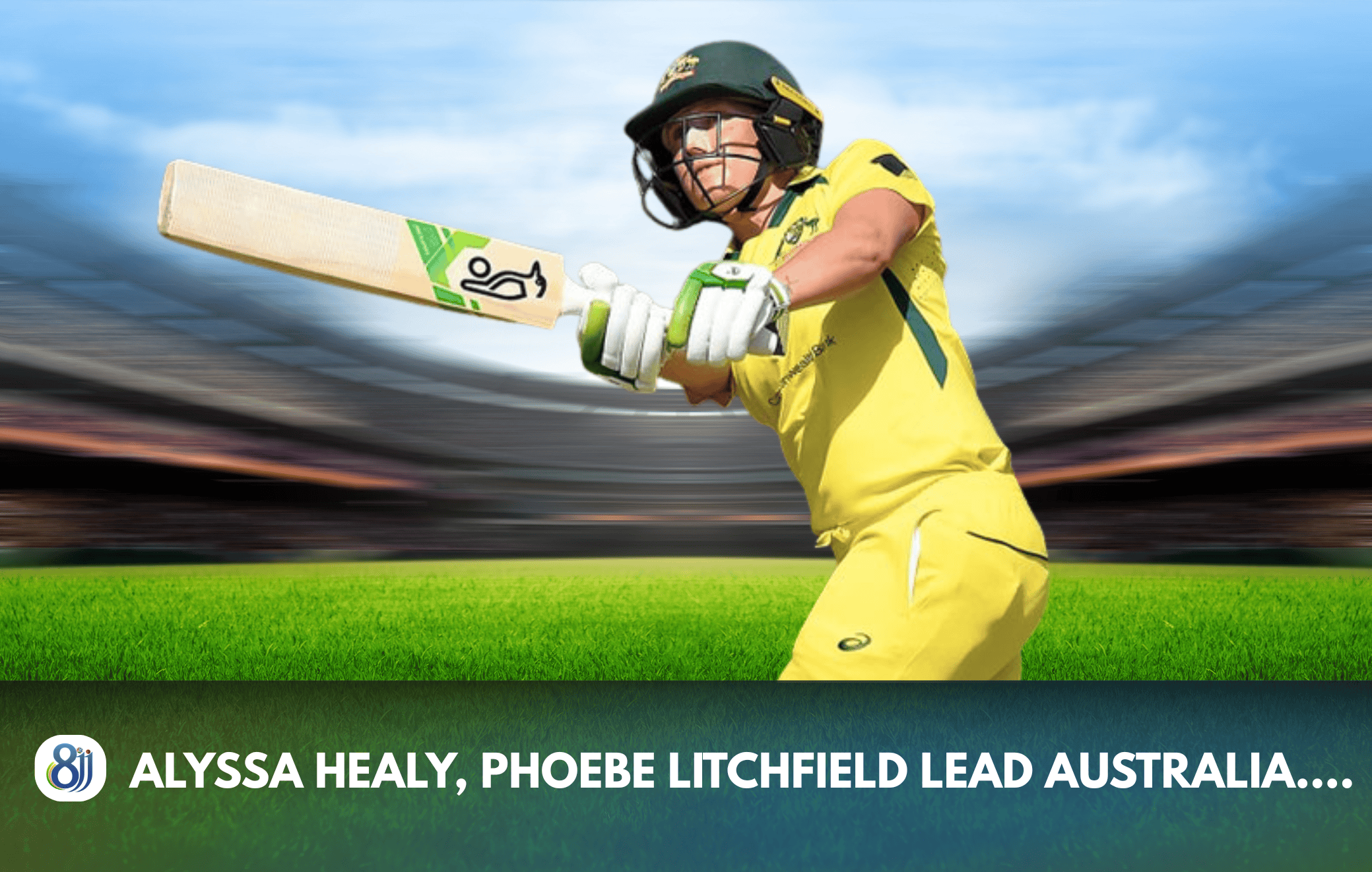 Cricket female player batting in yellow uniform on stadium field.