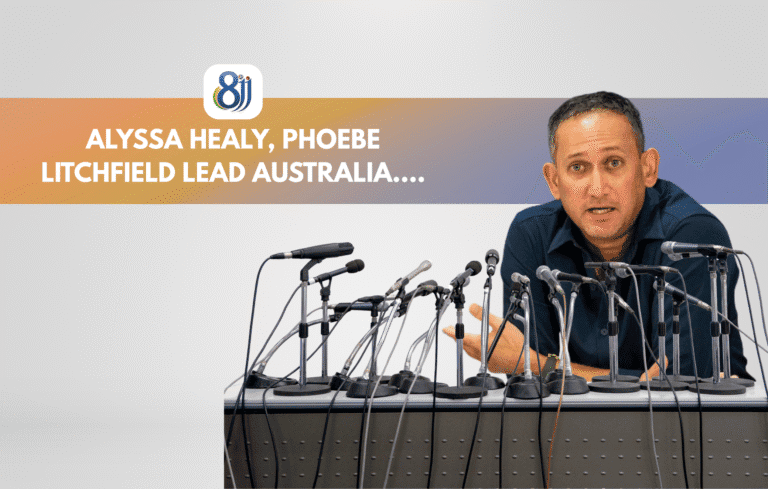 Alyssa Healy, Phoebe Litchfield, Australia cricket team captain press conference with microphones set up.