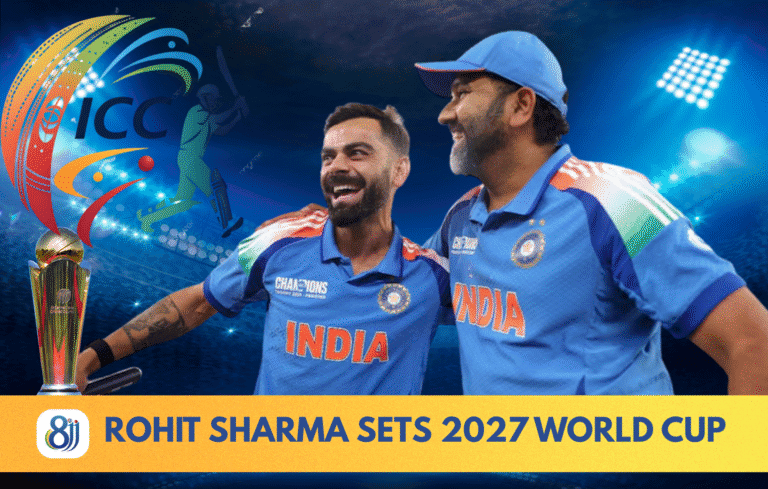 India cricket players celebrating their 2027 World Cup qualification victory, with the ICC logo in the background.