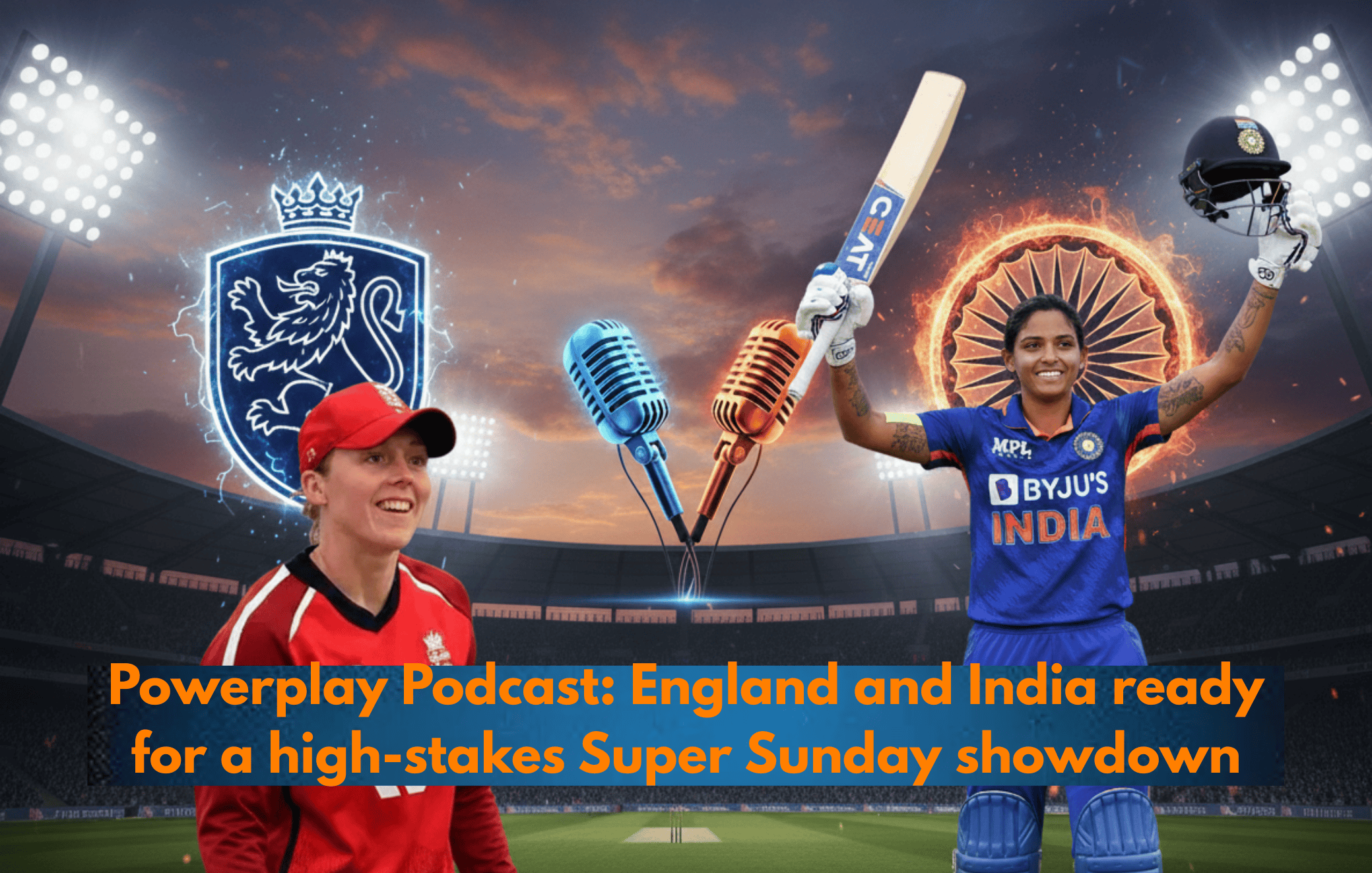 Cricket players celebrating on the field with microphones and dynamic background elements, emphasizing live sports coverage.